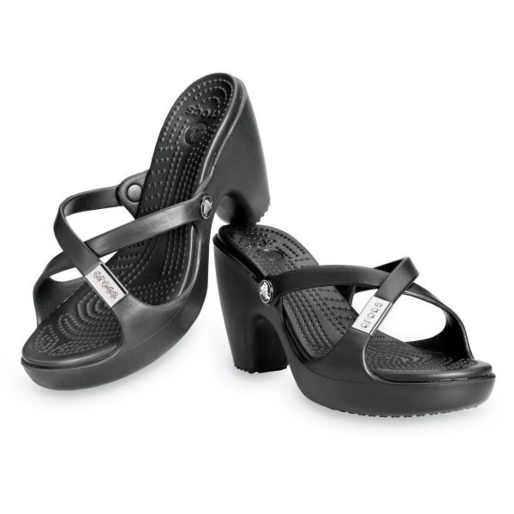 Crocs Cyprus II Black Strappy Platform Heel Sandals Womens 9 Silver Logo